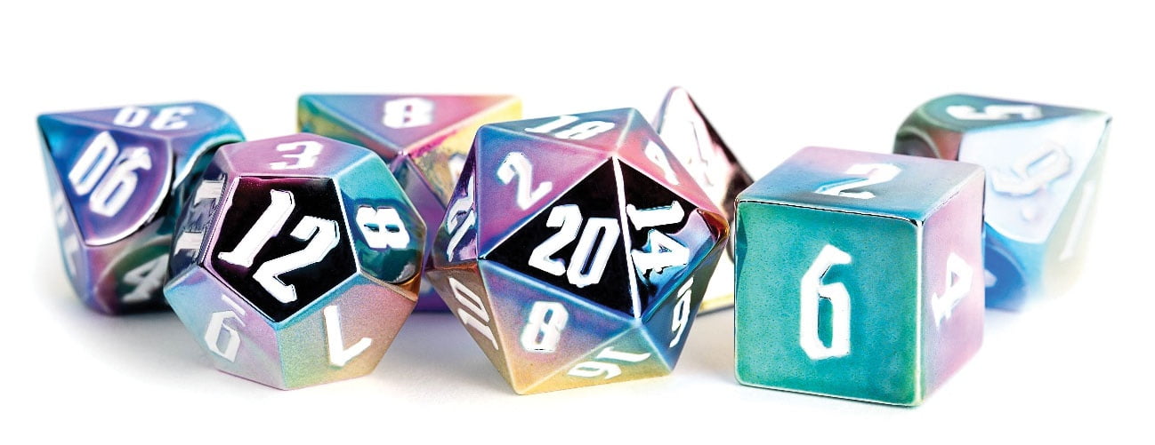 Metallic Dice Games Lic032 Metal Rainbow & White Aegis Dice - Set Of 7