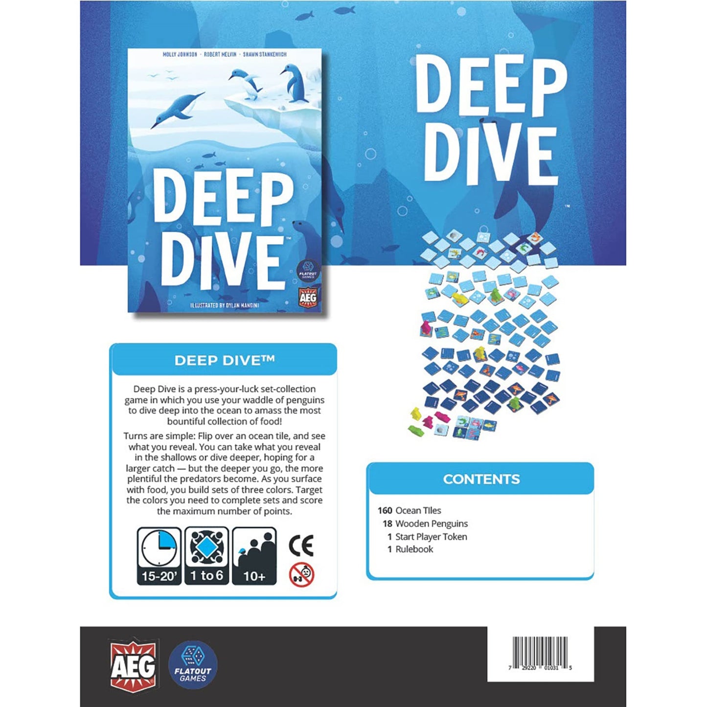 AEG Deep Dive Push Your Luck Game for Families, 1-6 Players, Cardboard, Penguin Meeples, Ages 10+, Model AEG-1031