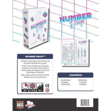 Aeg Number Drop - Retro Roll & Write, Video Game Theme, Polyomino, Ages 10+, 1-6 Players, 20 Min