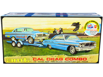 Skill 2 Model Kit ''Ford Cal Drag Team'' Ford Galaxie With Ford Falcon Funny Car And Trailer Set Of 3 Complete Kits 1/25 Scale M