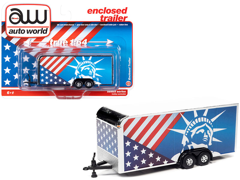 4-Wheel Enclosed Car Trailer Patriotic With Graphics 1/64 Diecast Model By Auto World
