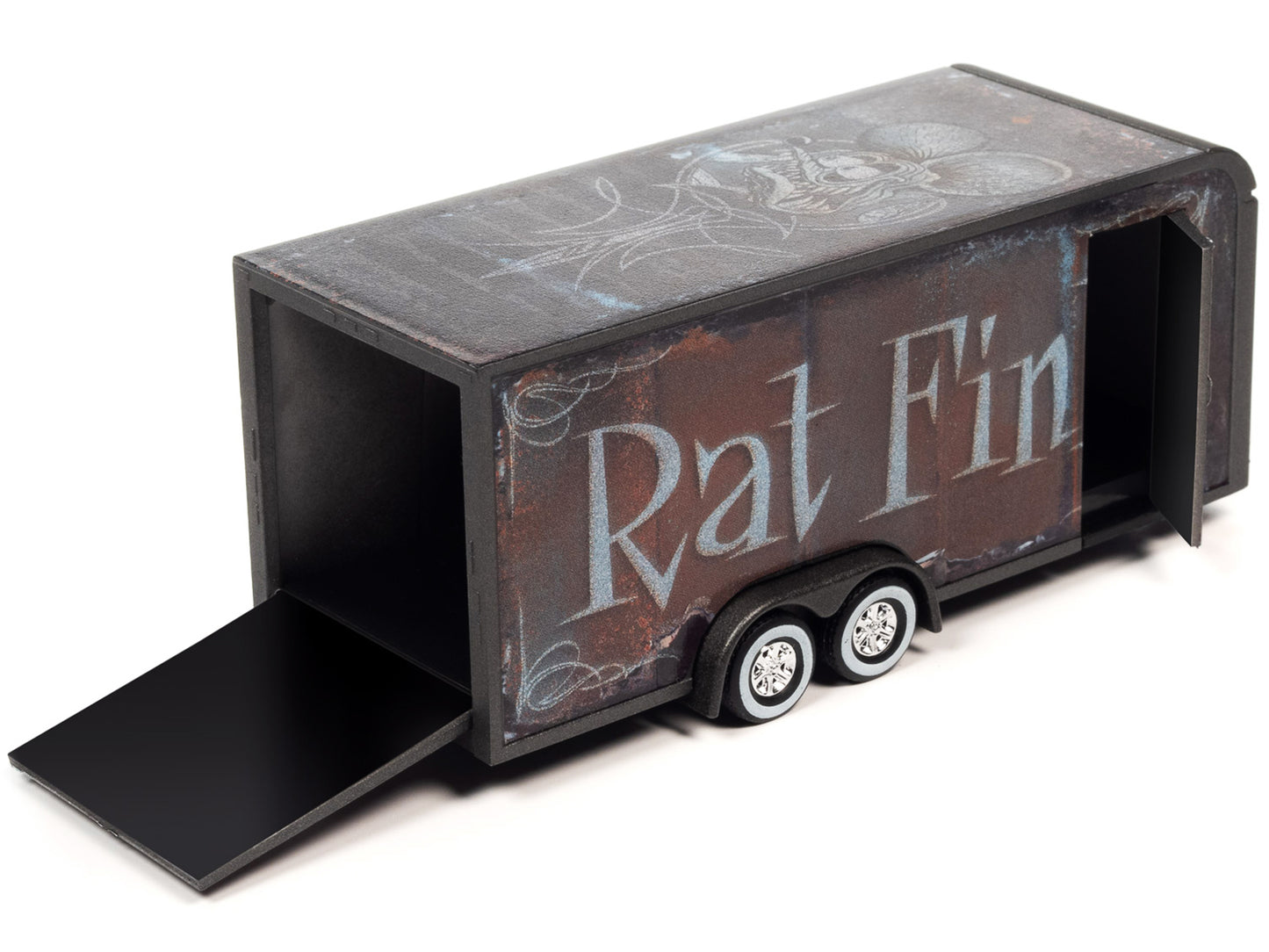 4-Wheel Enclosed Car Trailer Dark Gray With Graphics ''Rat Fink'' 1/64 Diecast Model By Auto World
