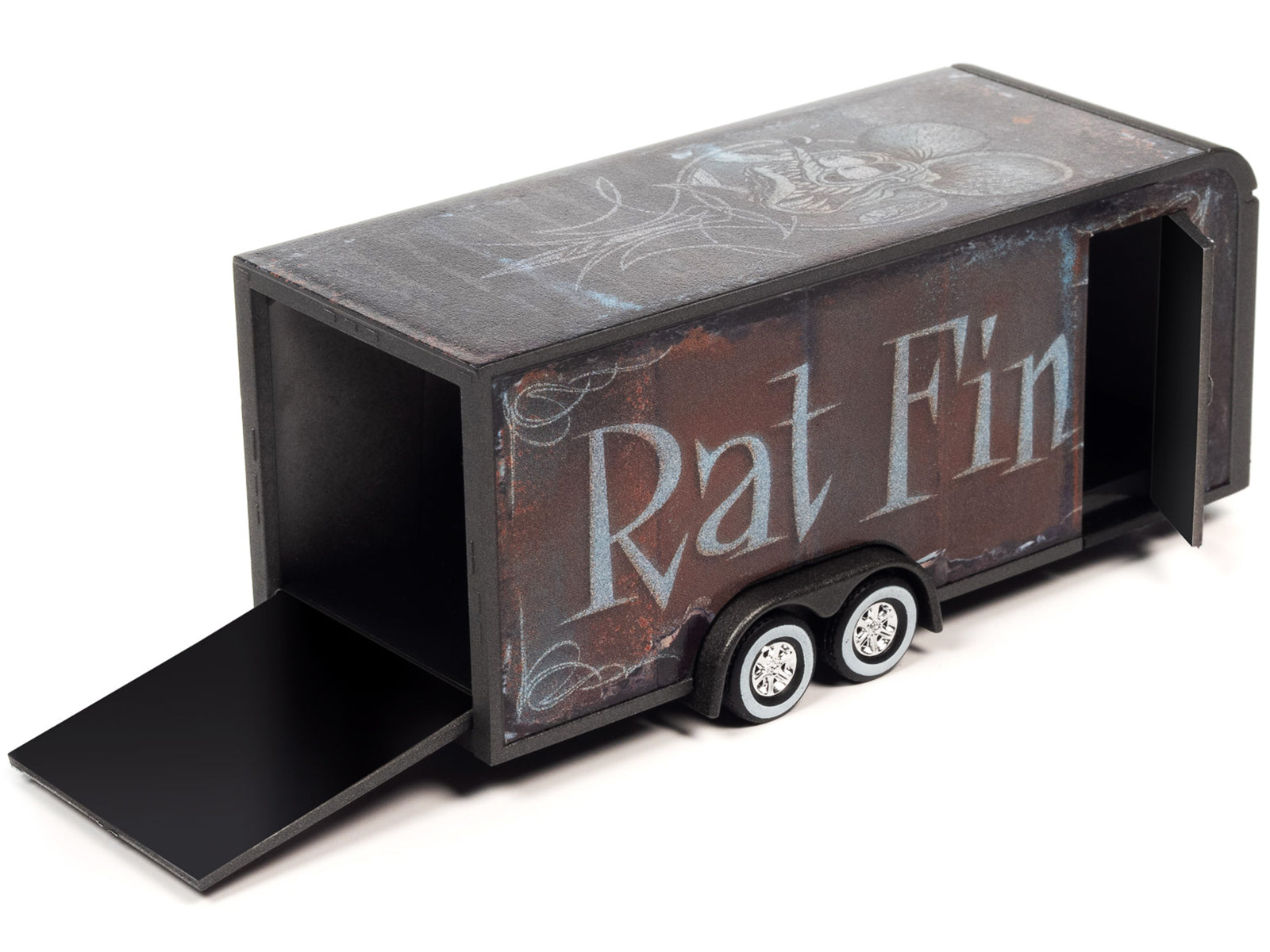 4-Wheel Enclosed Car Trailer Dark Gray With Graphics ''Rat Fink'' 1/64 Diecast Model By Auto World