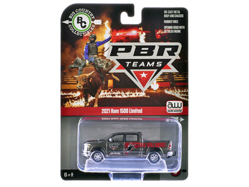 2021 Ram 1500 Limited Pickup Truck inchPBR (Professional Bull Riders)inch Gray Metallic with Graphics inchBig Country Collectiblesinch 2025 Series 1/64 Diecast Model Car by Auto World
