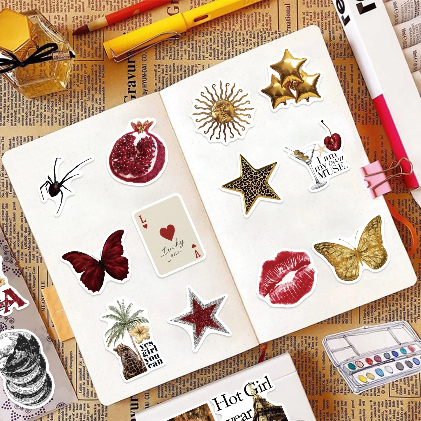 50/100PCS Gold&Red Y2k Stickers Lucky Girls DIY Stickers Scrapbooking Phone Luggage Skateboard Waterproof Coquette PVC Decals