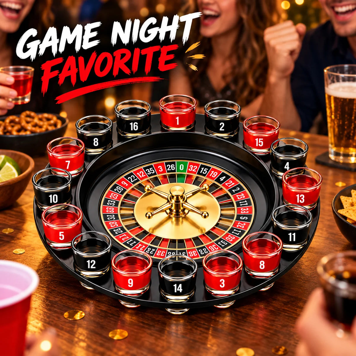 16 Shot Glass Roulette Drinking Game Set, Black Spinning Roulette Wheel Party Game with Numbered Glass Cups, Fun Tabletop Game for Game Night, Bar, Birthday, Holiday Party & Adult Gift