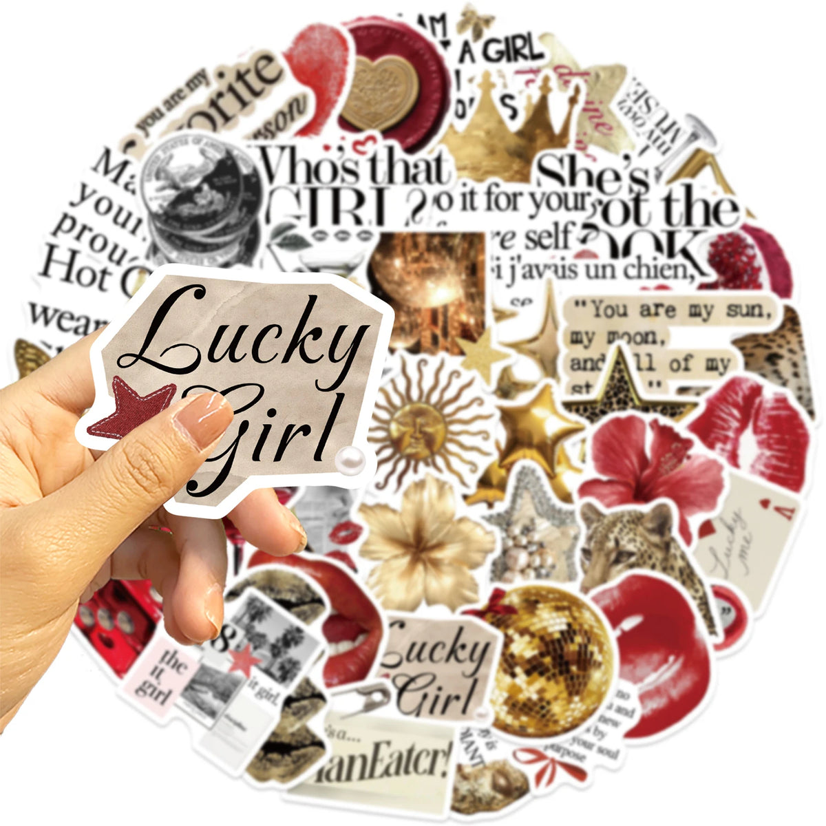 50/100PCS Gold&Red Y2k Stickers Lucky Girls DIY Stickers Scrapbooking Phone Luggage Skateboard Waterproof Coquette PVC Decals