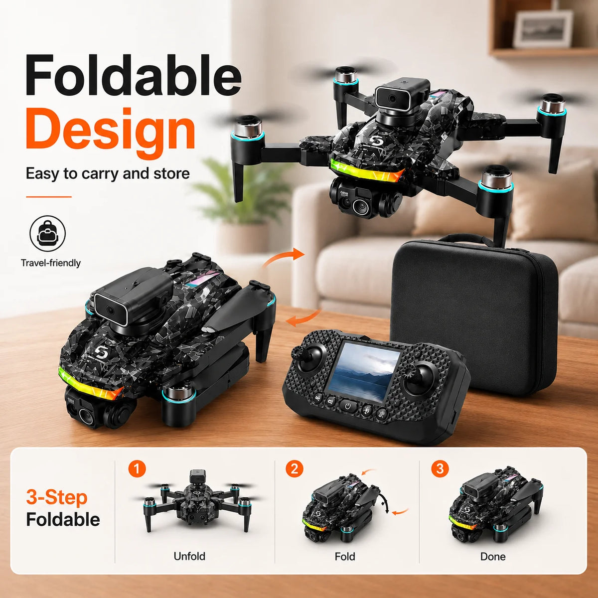 ZNLYRION S160 Foldable Brushless Drone with Screen Remote 360° Obstacle Avoidance EIS Dual Camera Optical Flow Positioning RGB LED Light RC Quadcopter