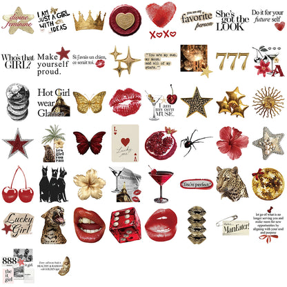 50/100PCS Gold&Red Y2k Stickers Lucky Girls DIY Stickers Scrapbooking Phone Luggage Skateboard Waterproof Coquette PVC Decals
