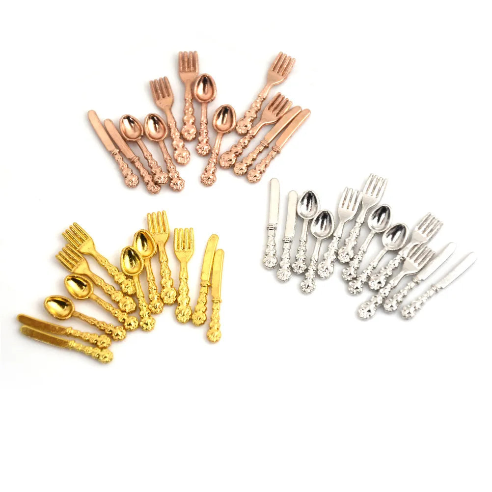 12PCS 1:12 Dollhouse Miniature Fork Knife Soup Tableware Kitchen Furniture Toys Children's toys and family utensils