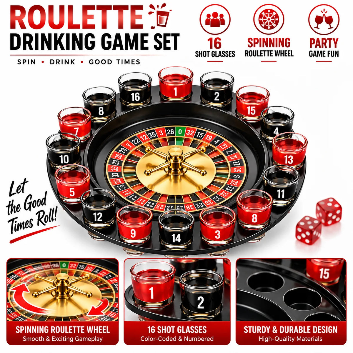 16 Shot Glass Roulette Drinking Game Set, Black Spinning Roulette Wheel Party Game with Numbered Glass Cups, Fun Tabletop Game for Game Night, Bar, Birthday, Holiday Party & Adult Gift
