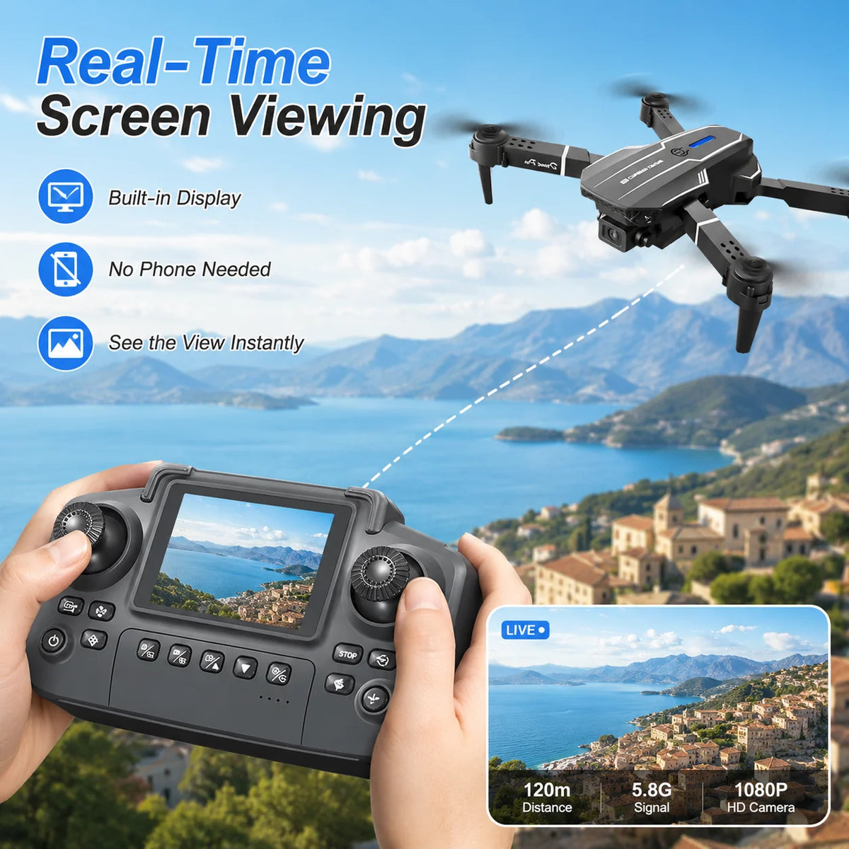 ZNLYRION RC Drone with HD Dual Camera 2.4Ghz  Altitude Hold Path Planning Flight 3-Speed Adjustable Foldable Drone Toy