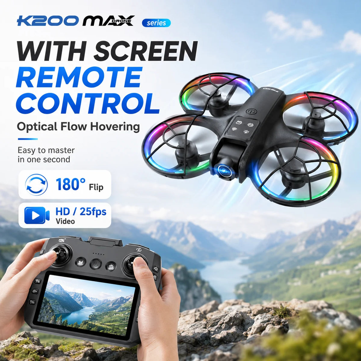 ZNLYRION Mini Drone K200MAX Full Protected  With LCD Screen Remote 180 Electric Adjustable Camera Brushless Motor Optical Flow Hover RGB Colorful Light RC Quadcopter