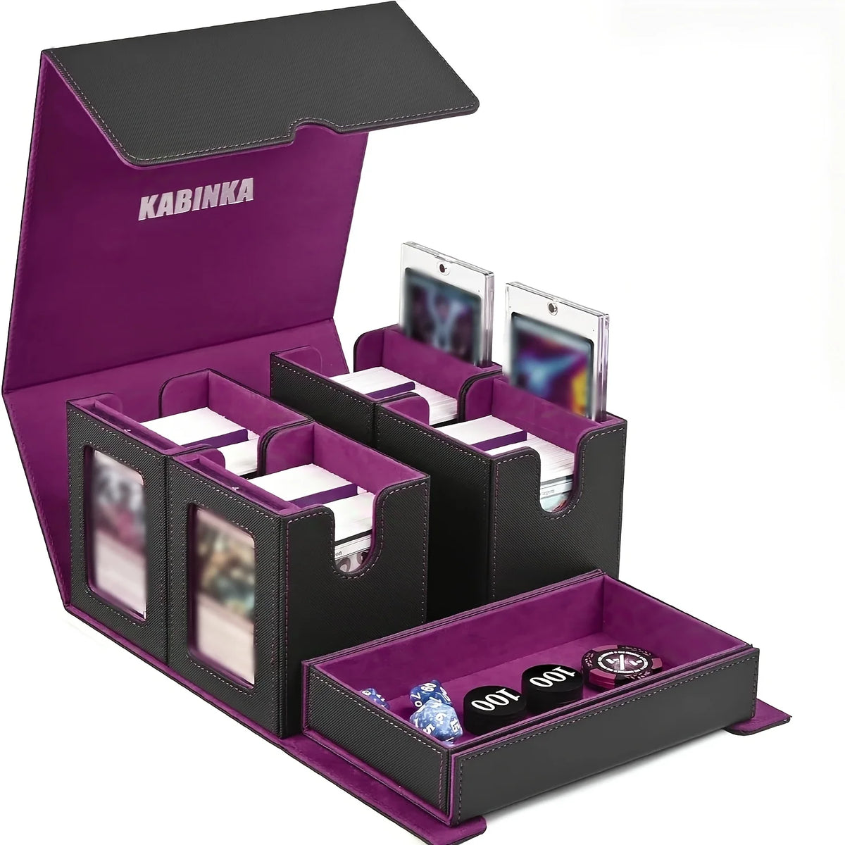 Kabinka Card Deck Box for MTG Commander, Holds 400+ Double-Sleeved Cards, 5 IN 1 Detachable Card Case with Dice Tray, Fits Magic/TCG Cards, 4 Magnetic Card Holders & Dividers (Colorful)