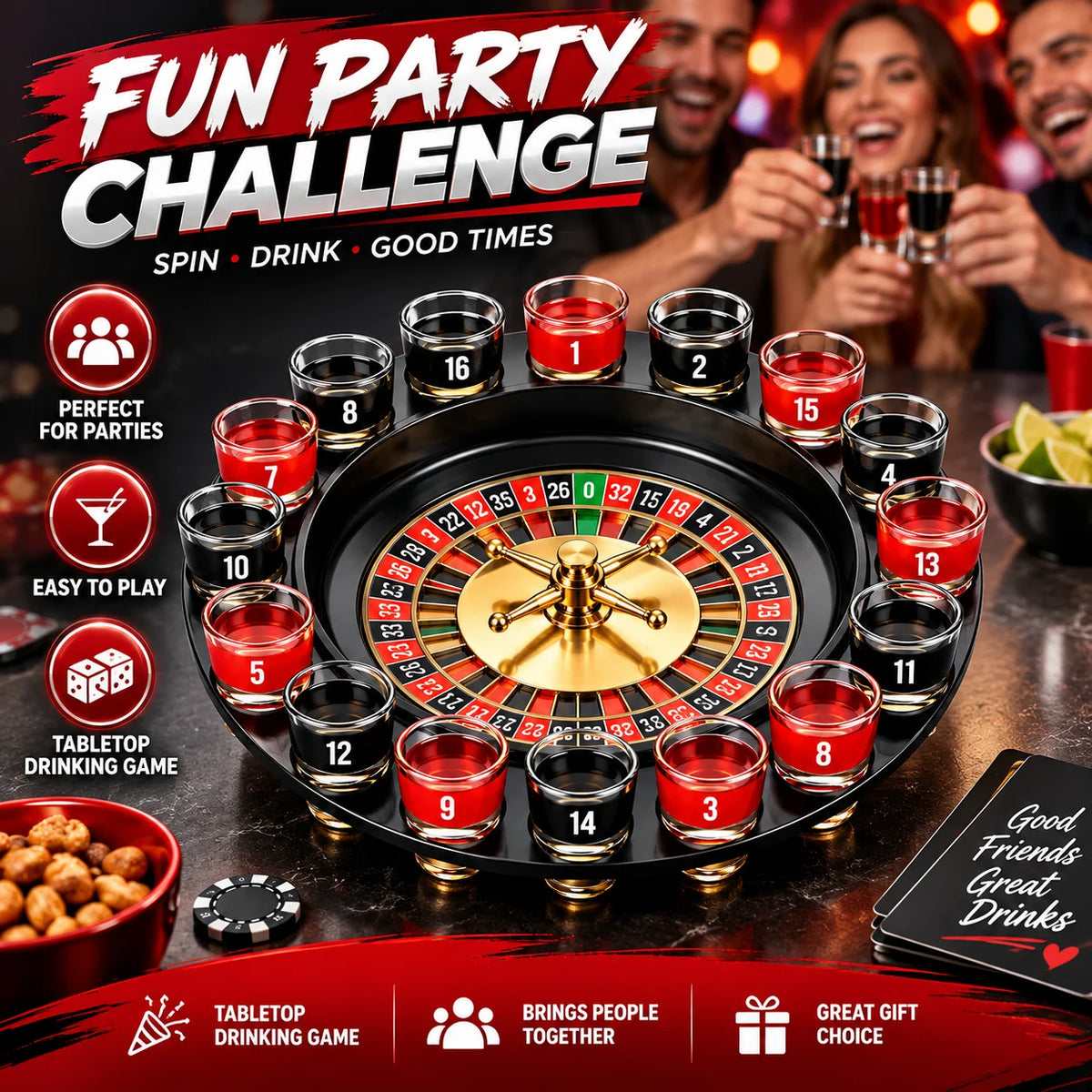 16 Shot Glass Roulette Drinking Game Set, Black Spinning Roulette Wheel Party Game with Numbered Glass Cups, Fun Tabletop Game for Game Night, Bar, Birthday, Holiday Party & Adult Gift