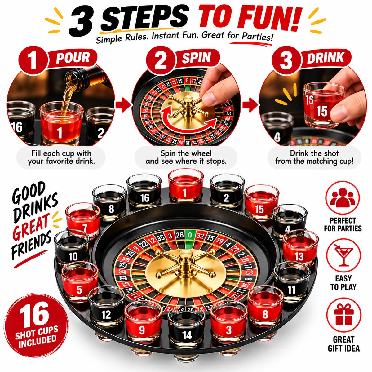 16 Shot Glass Roulette Drinking Game Set, Black Spinning Roulette Wheel Party Game with Numbered Glass Cups, Fun Tabletop Game for Game Night, Bar, Birthday, Holiday Party & Adult Gift