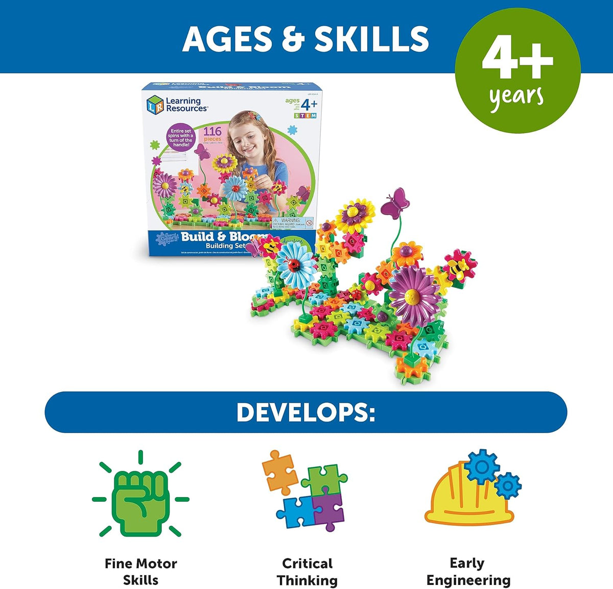 Blooming Garden Gear Builder STEM Construction Set 116 Piece Flower Building Toy for Kids Ages 4+ Creative Engineering Learning Kit