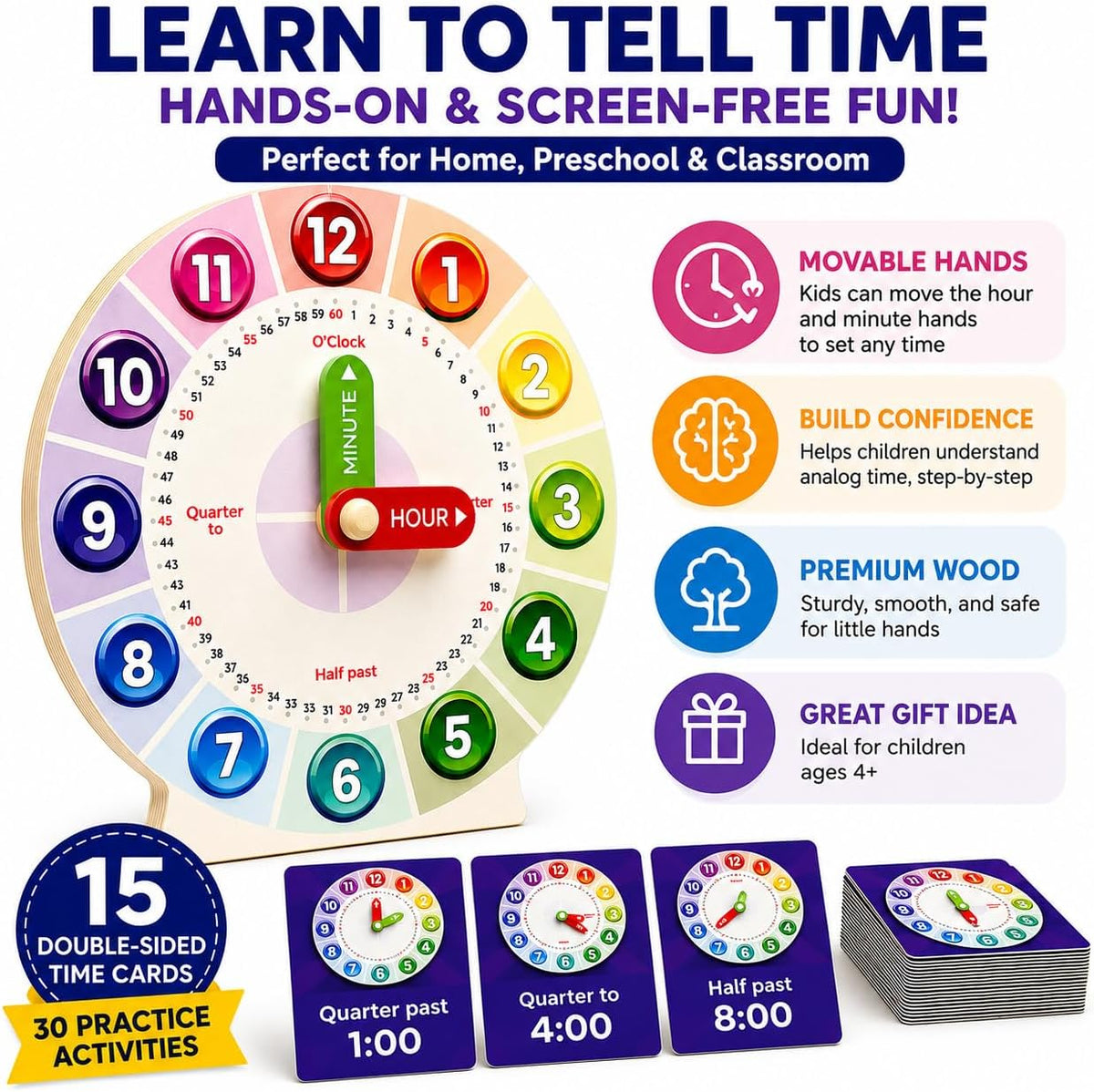 Tick Tock Learn Wooden Teaching Clock for Kids Ages 4+