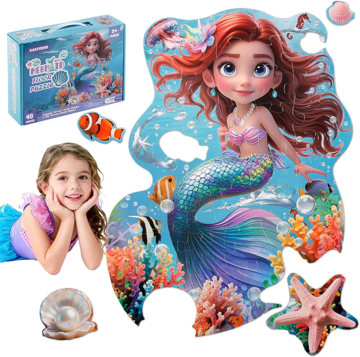 Mermaid Treasure Hunt Jumbo Floor Puzzle 48 Piece Ocean Adventure for Kids Ages 3+
