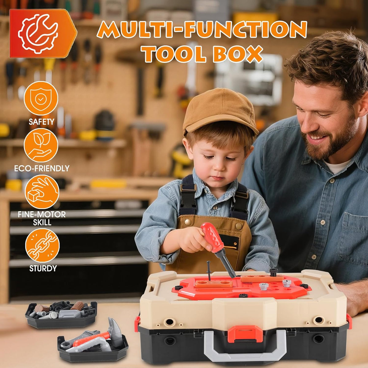 Little Builder Workbench STEM Workshop with Electric Drill Tool Box 83 Piece Construction Set for Kids Ages 3+