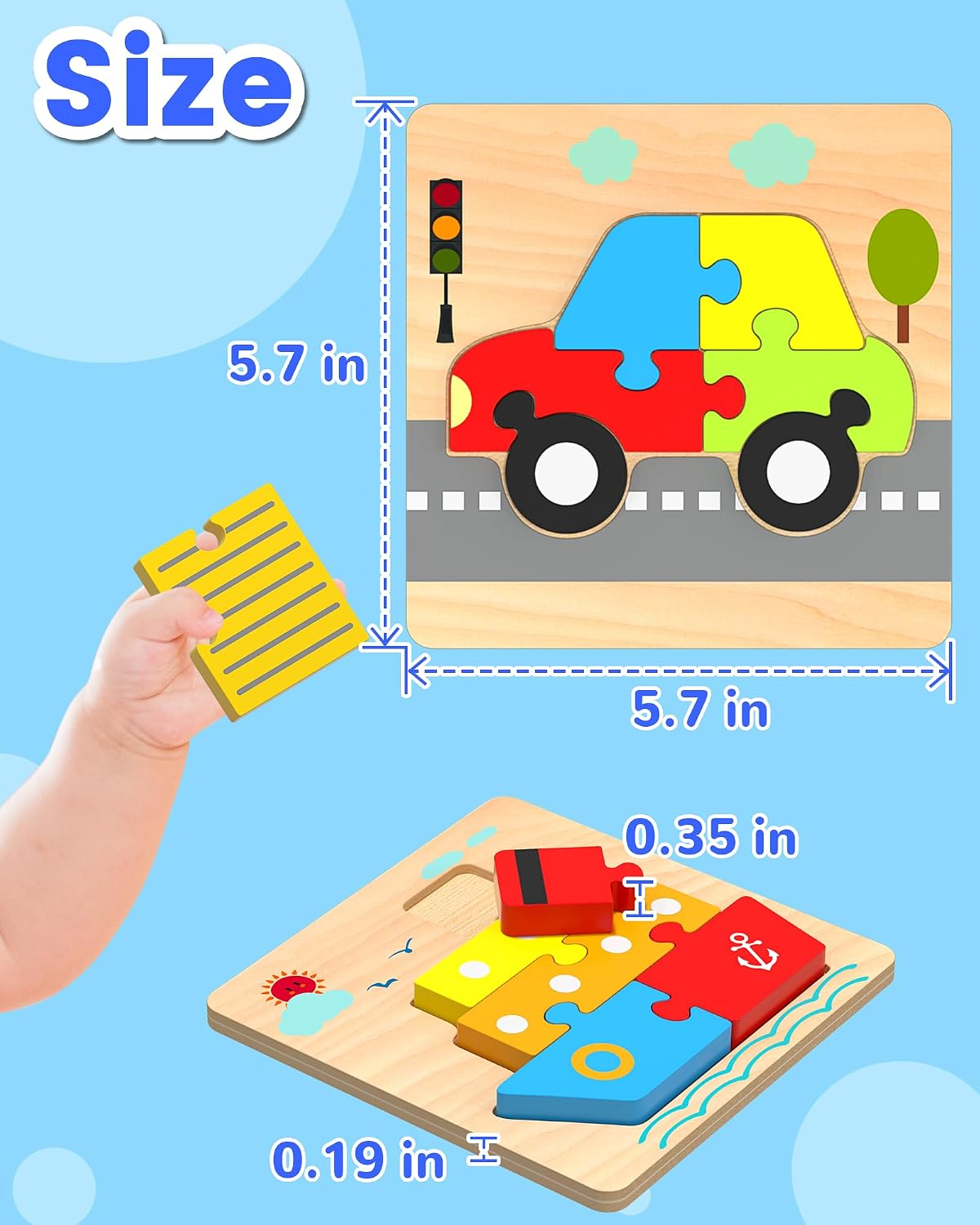 Little Wheels Puzzle Adventure, 6 Pack Wooden Vehicle Puzzles for Toddlers Ages 1+