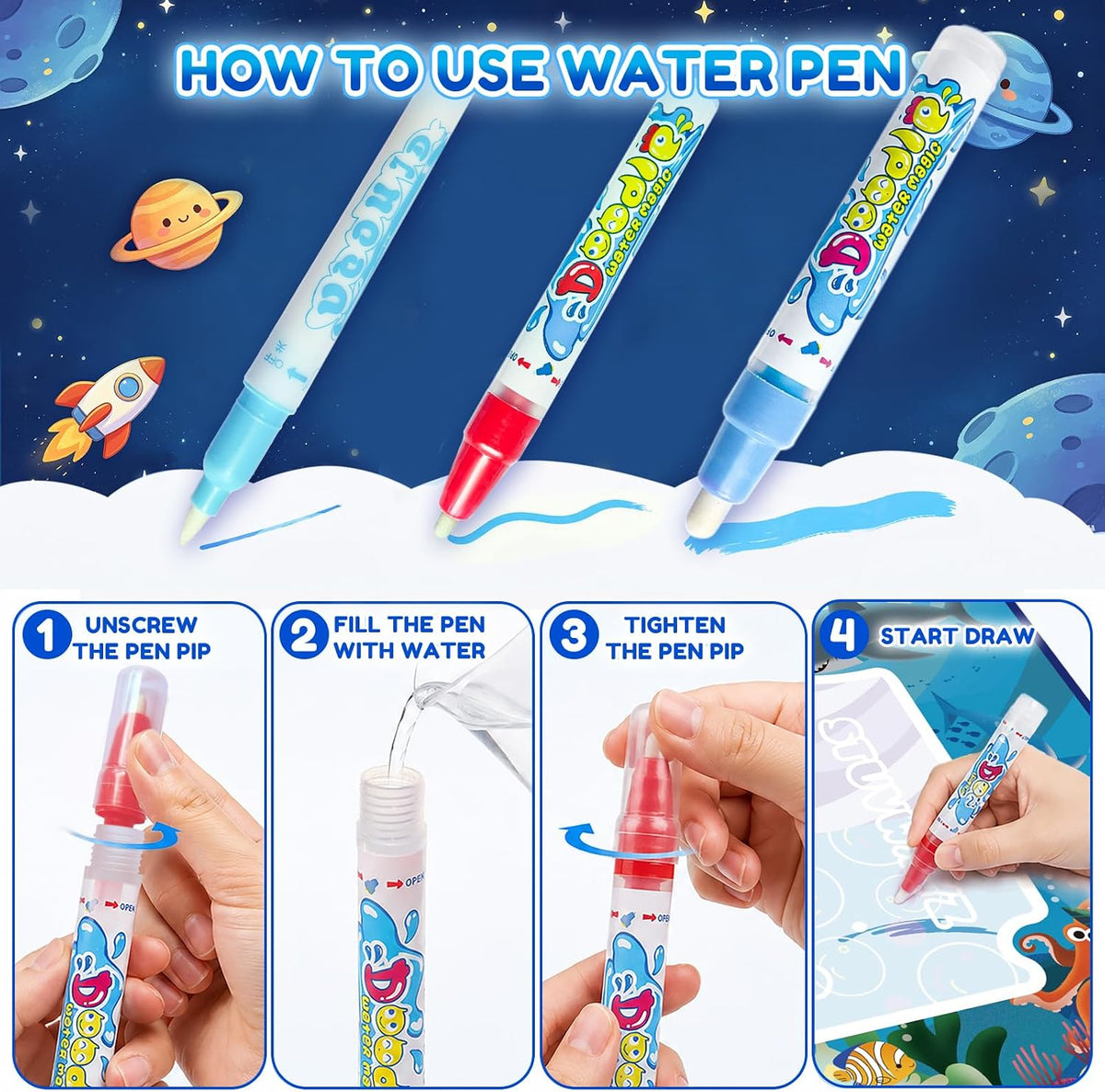 Magic Water Doodle Mat Space Adventure Reusable Drawing & Coloring Mat for Kids