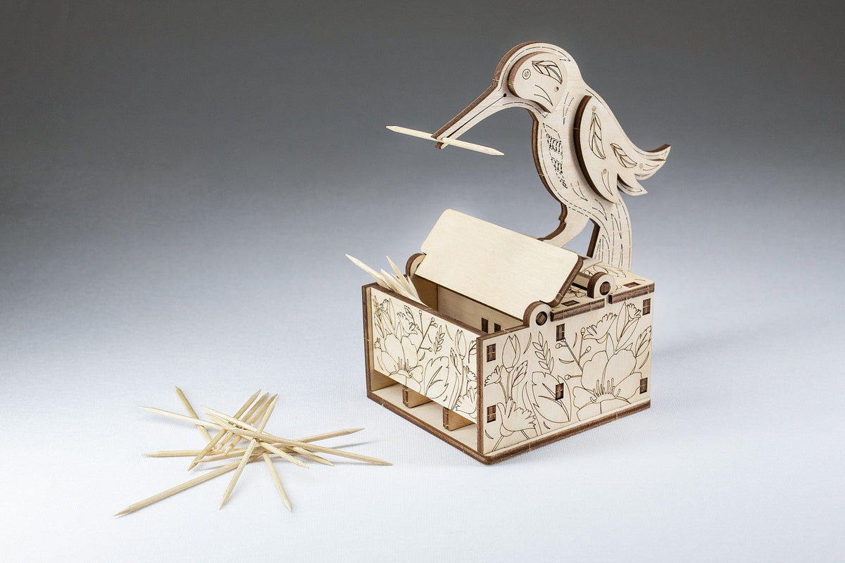 Bird Toothpick Dispenser — Mechanical Wooden Model, 38 Pieces