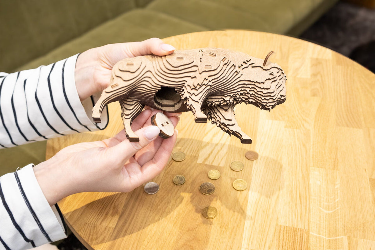 Bison Coin Bank — Wooden Building Kit, 109 Pieces