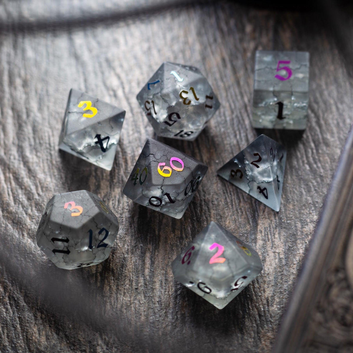 Black Inked Lightning Cracked Glass DND Dice Set