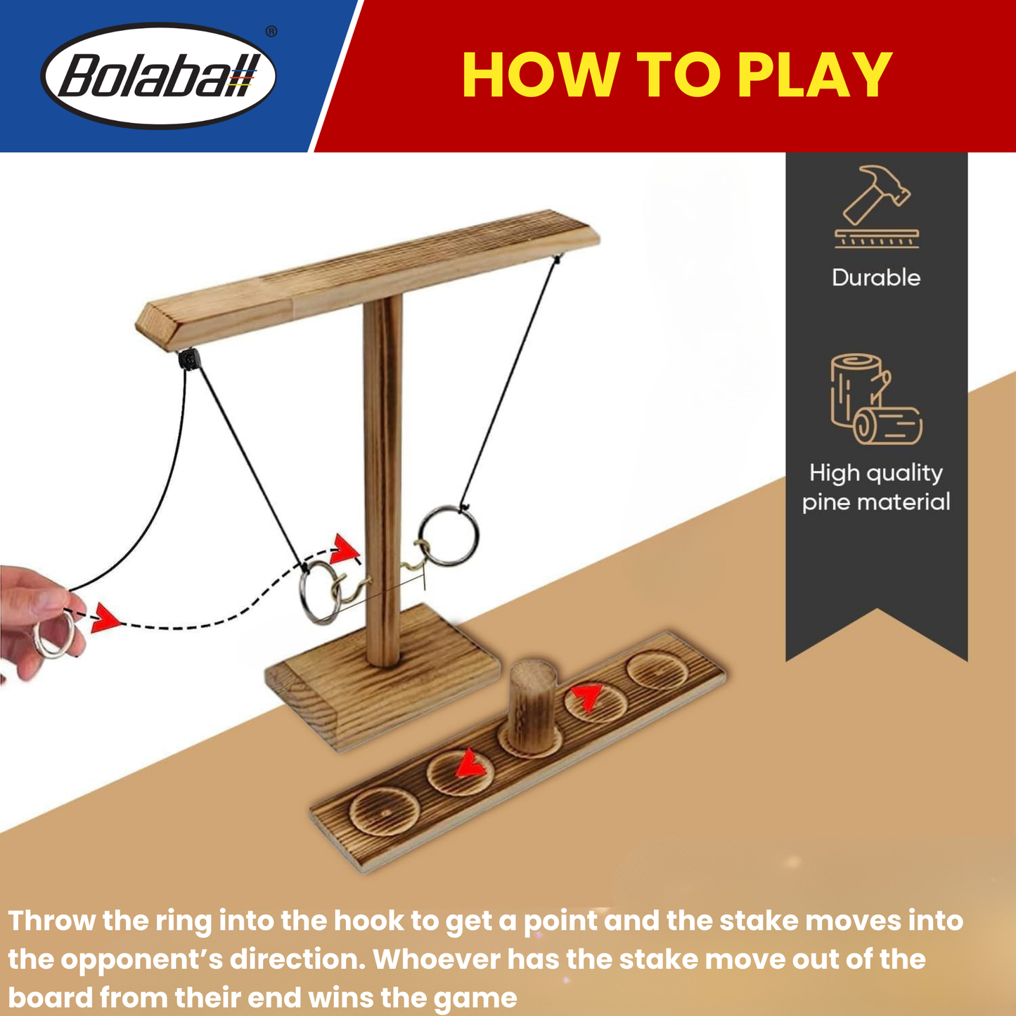 Bolaball Wooden Hook and Ring Toss Game for Adults - Beige Patio Decor, Model 317600, Indoor/Outdoor Fun
