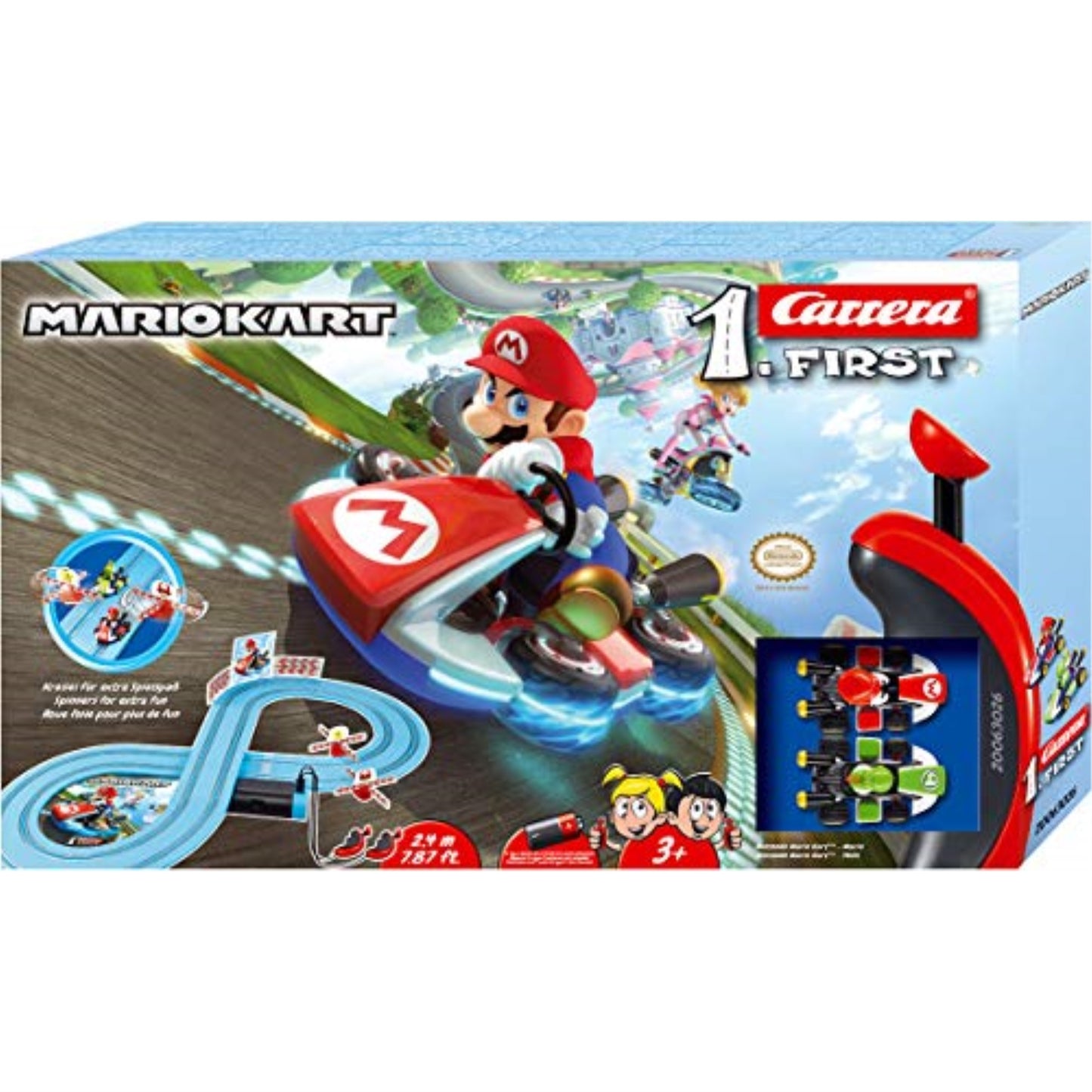 Carrera First Mario Kart - Slot Car Race Track With Spinners - Includes 2 Cars: Mario and Yoshi - Battery-Powered Beginner Racing Set for Kids Ages 3 Years and Up