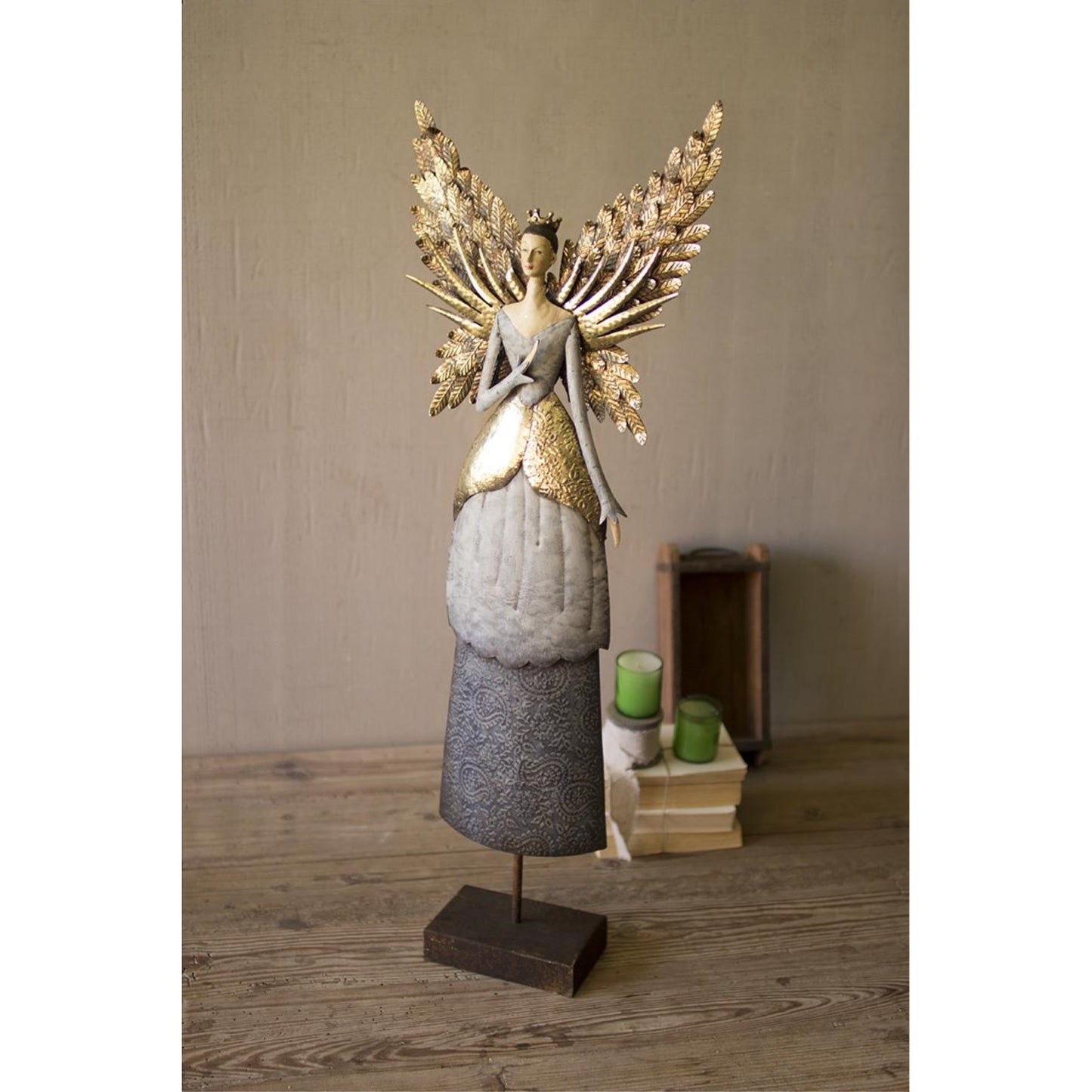 KALALOU Painted Angel Figurine, Multicolor Metal Decor, 4.5"L x 14"W x 38"H, Model CHE1242