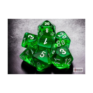 Green Translucent Mini Dice With White Numbers 10Mm (3/8In) Set Of 7 Chessex