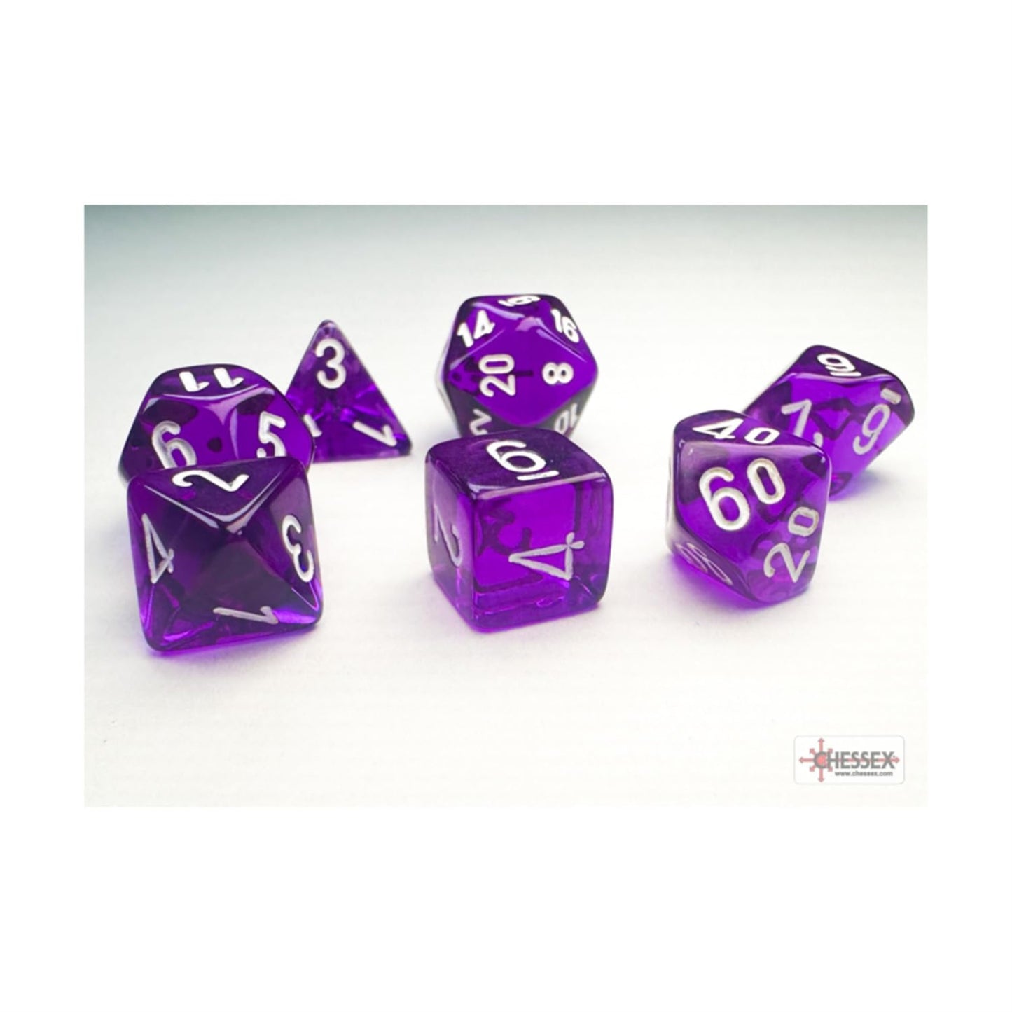 Purple Translucent Mini Dice With White Numbers 10Mm (3/8In) Set Of 7 Chessex