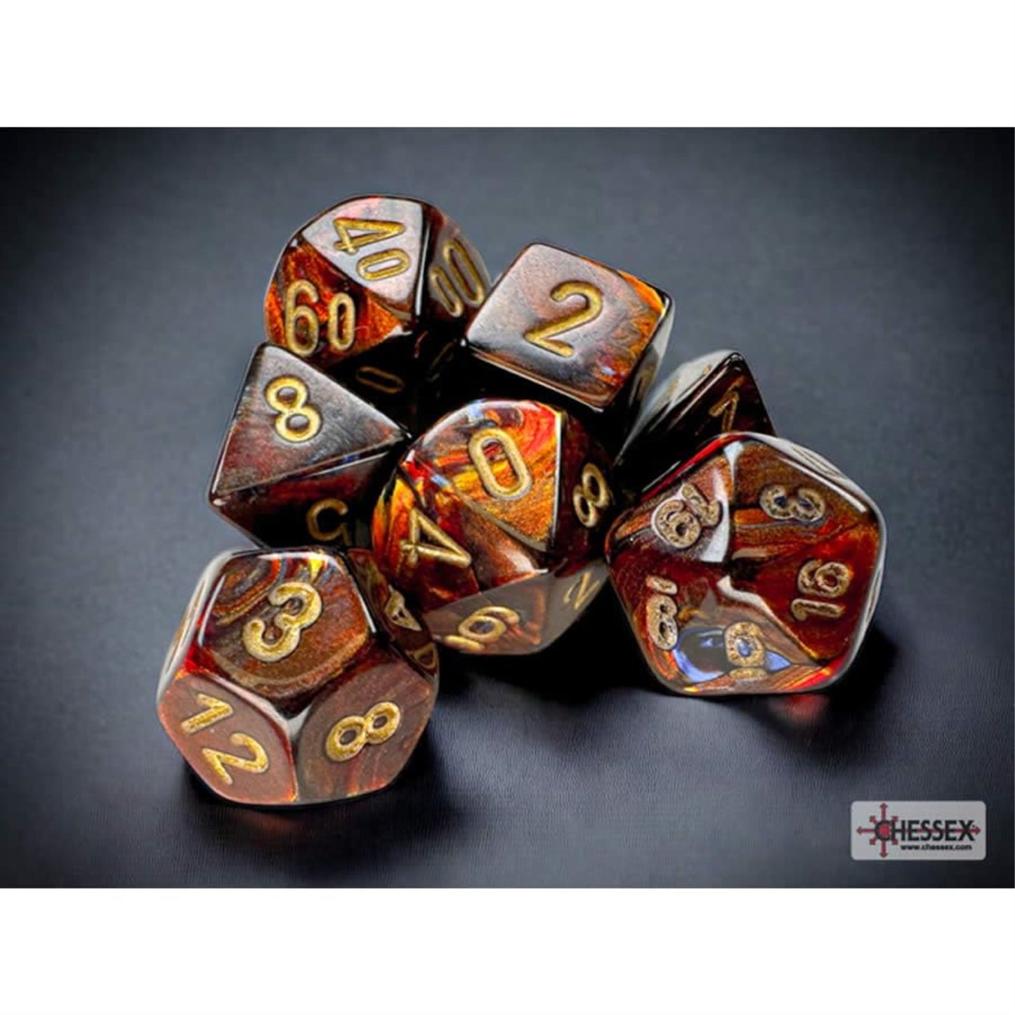 Blue Blood Scarab Mini Dice With Gold Colored Numbers 10Mm (3/8In) Set Of 7 Chessex