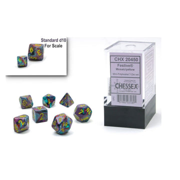 Chessex Dice Set - 10Mm Festive Mosaic/Yellow Plastic Polyhedral Dice Set - Dungeons And Dragons D&D Dnd Ttrpg Dice - Includes 7