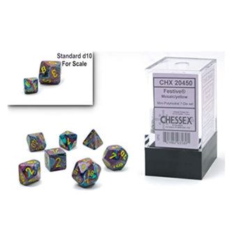 Chessex Dice Set - 10Mm Festive Mosaic/Yellow Plastic Polyhedral Dice Set - Dungeons And Dragons D&D Dnd Ttrpg Dice - Includes 7