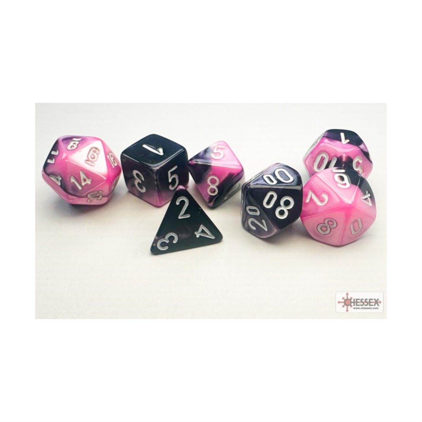 Black And Pink Gemini Mini Dice With White Colored Numbers 10Mm (3/8In) Set Of 7 Chessex