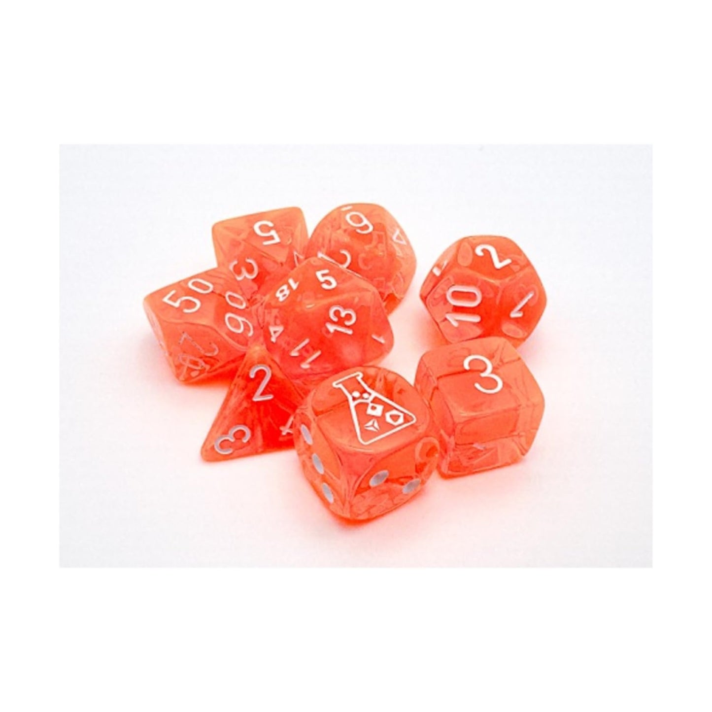 Neon Orange Translucent Dice With White Numbers 7+1 Dice Set 16Mm (5/8In) Chessex