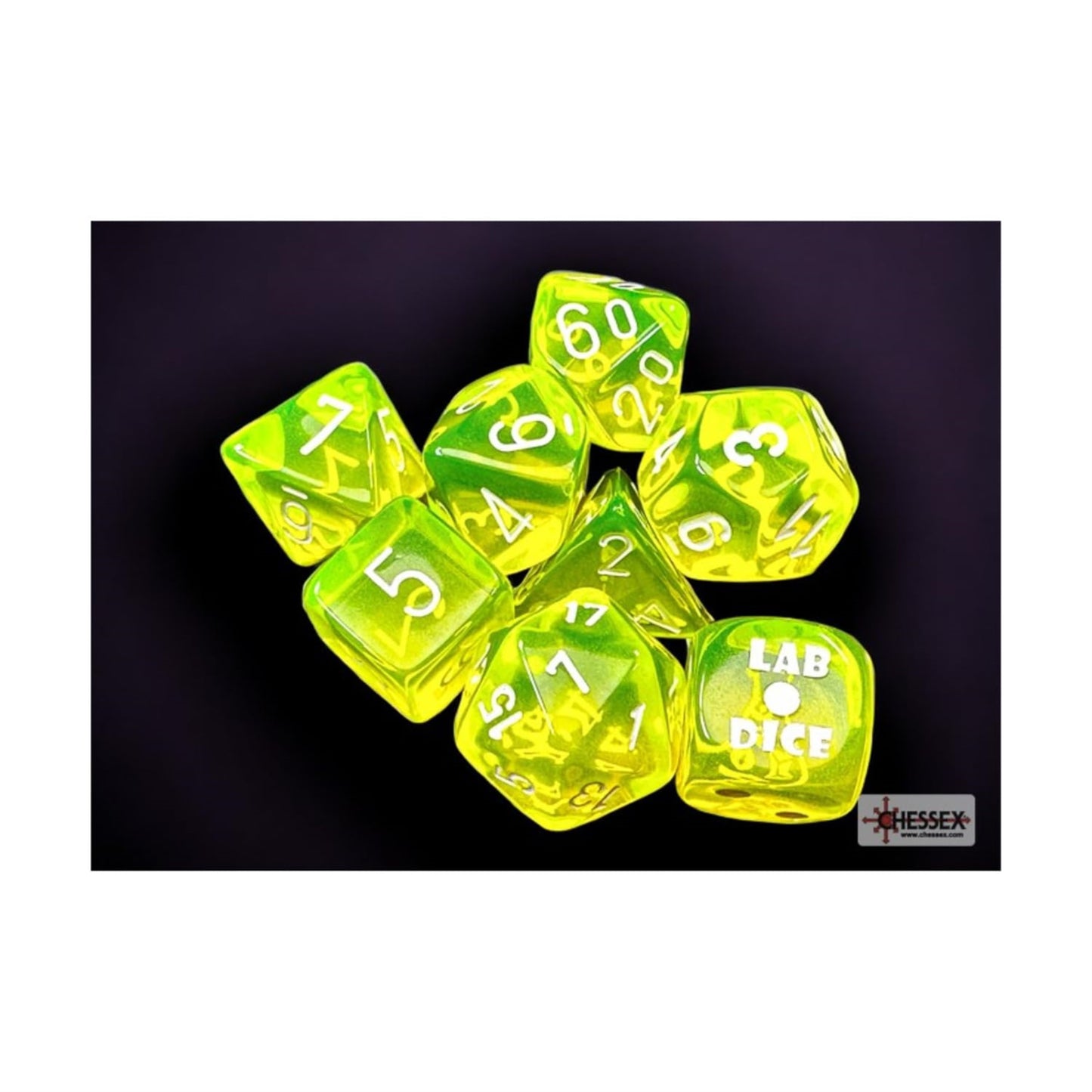 Neon Yellow Translucent Dice With White Numbers 7+1 Dice Set 16Mm (5/8In) Chessex