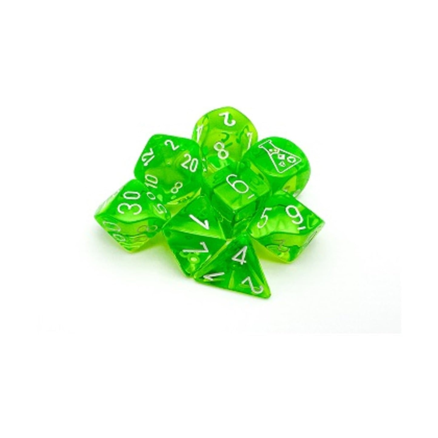 Rad Green Translucent Dice With White Numbers 7+1 Dice Set 16Mm (5/8In) Chessex