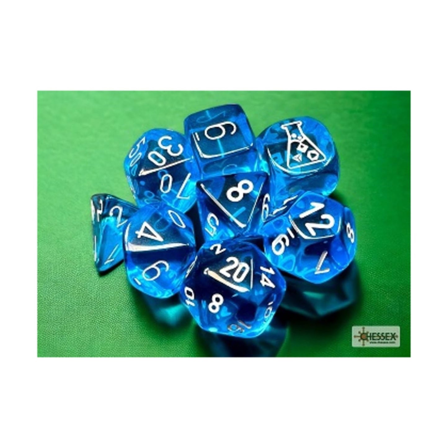 Tropical Blue Translucent Dice With White Numbers 7+1 Dice Set 16Mm (5/8In) Chessex