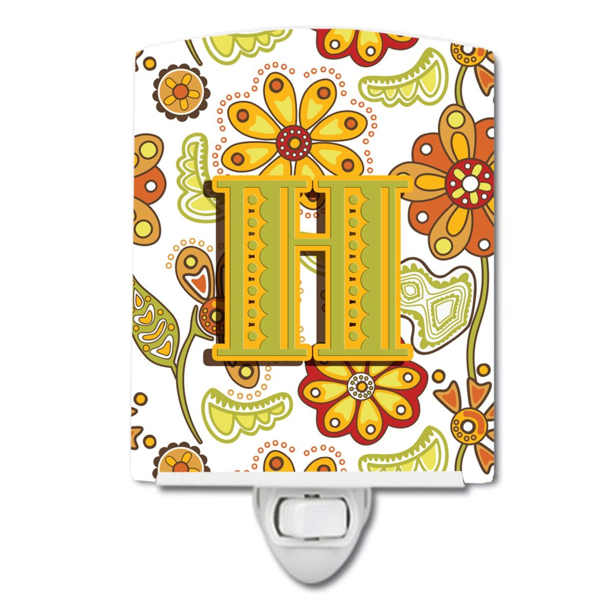 Carolines Treasures Letter H Floral Mustard and Green Ceramic Night Light, 6x4, Multicolor