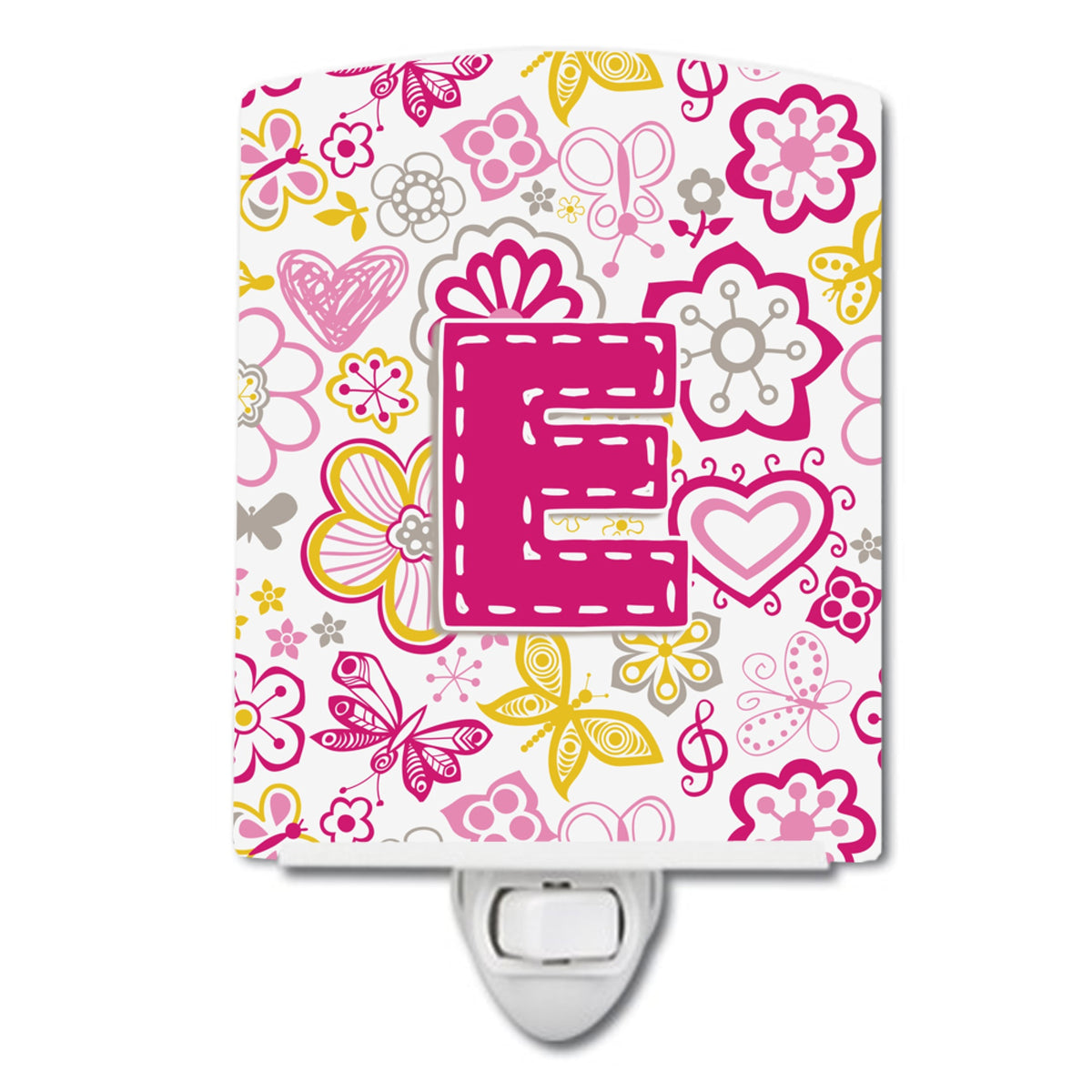 Carolines Treasures Letter E Flowers and Butterflies Pink Ceramic Night Light, 6x4, Multicolor