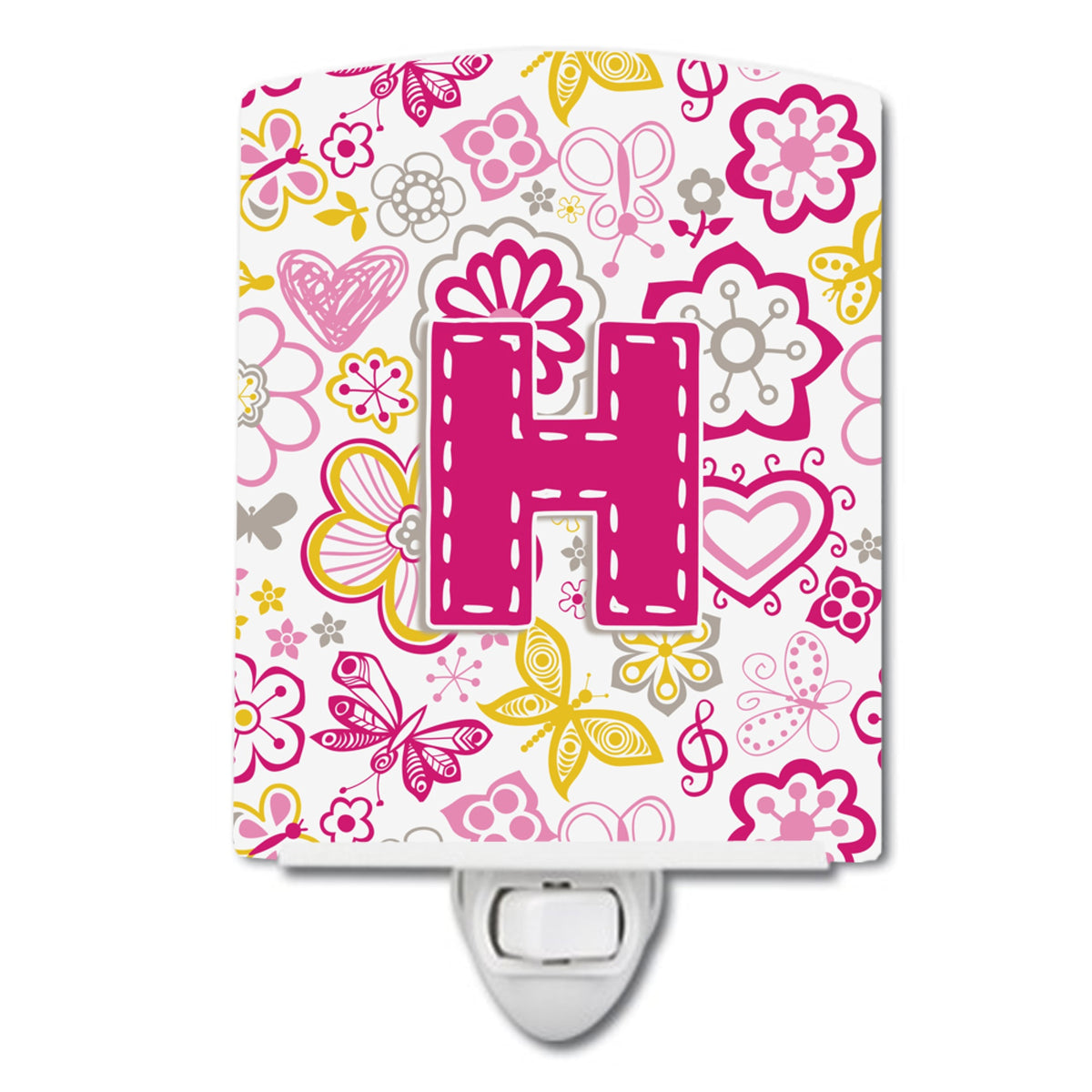 Carolines Treasures Letter H Flowers and Butterflies Pink Ceramic Night Light, 6x4, Multicolor