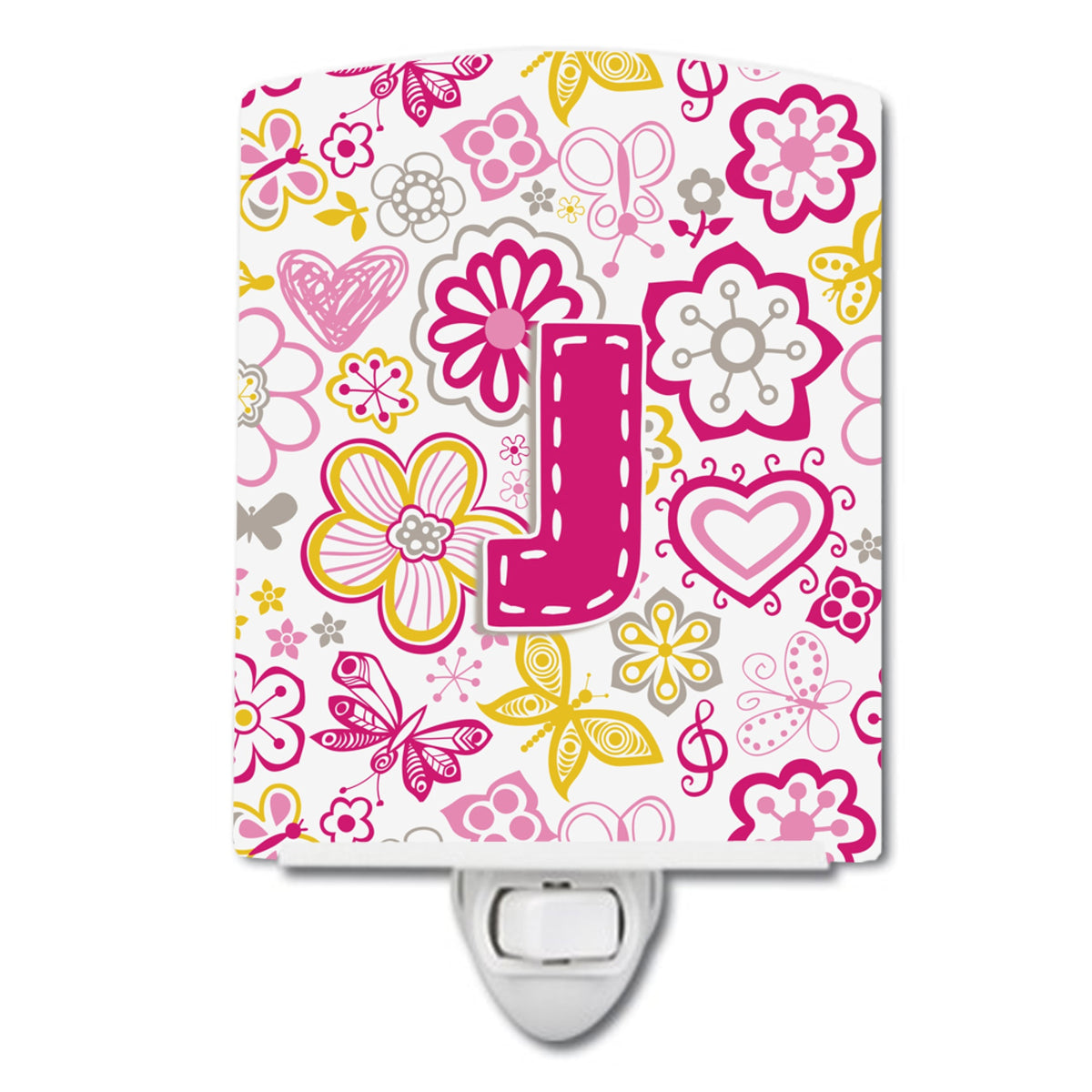 Carolines Treasures Letter J Flowers and Butterflies Pink Ceramic Night Light, 6x4, Multicolor