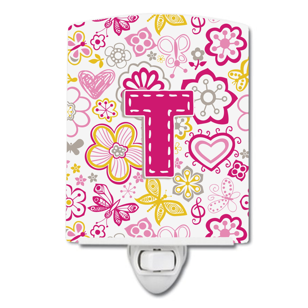 Carolines Treasures Letter T Flowers and Butterflies Pink Ceramic Night Light, 6x4, Multicolor