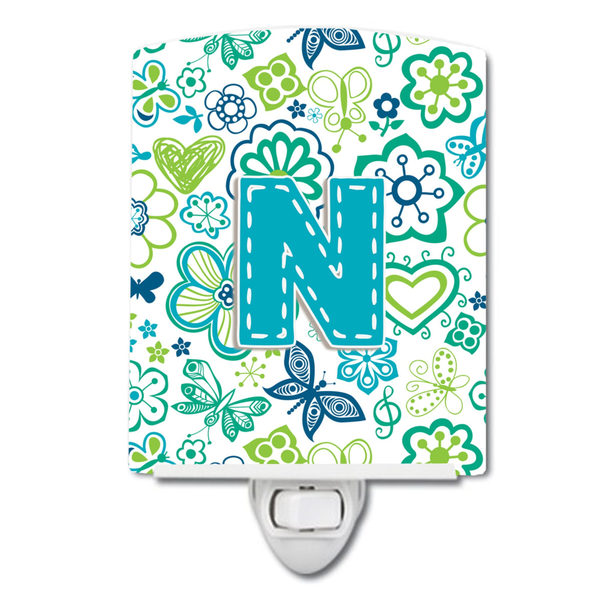 Carolines Treasures Letter N Flowers and Butterflies Teal Blue Ceramic Night Light, 6x4, Multicolor