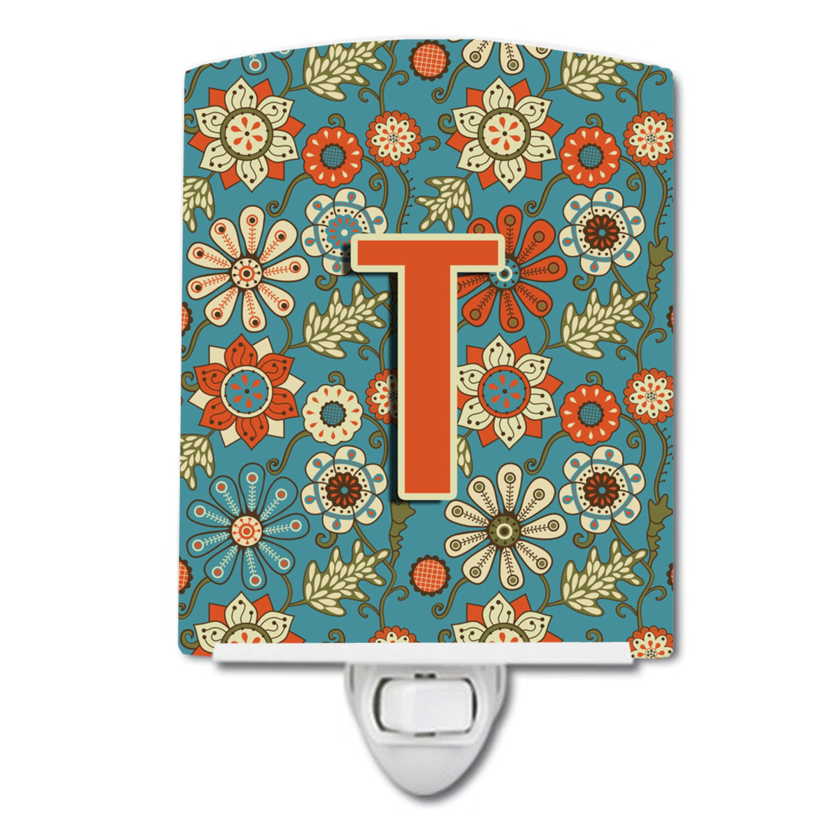 Carolines Treasures Letter T Flowers Retro Blue Ceramic Night Light, 6x4, Multicolor