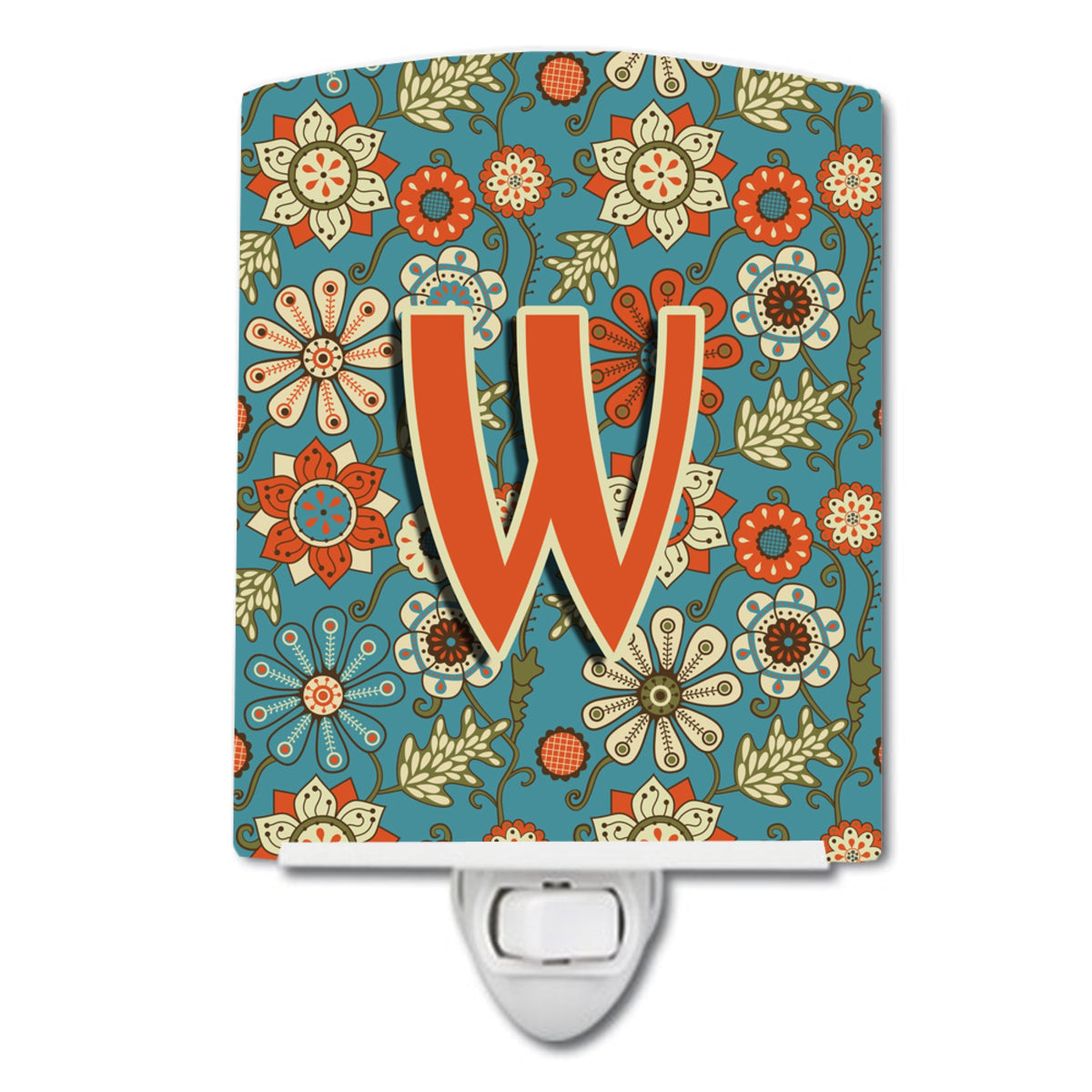 Carolines Treasures Letter W Flowers Retro Blue Ceramic Night Light, 6x4, Multicolor